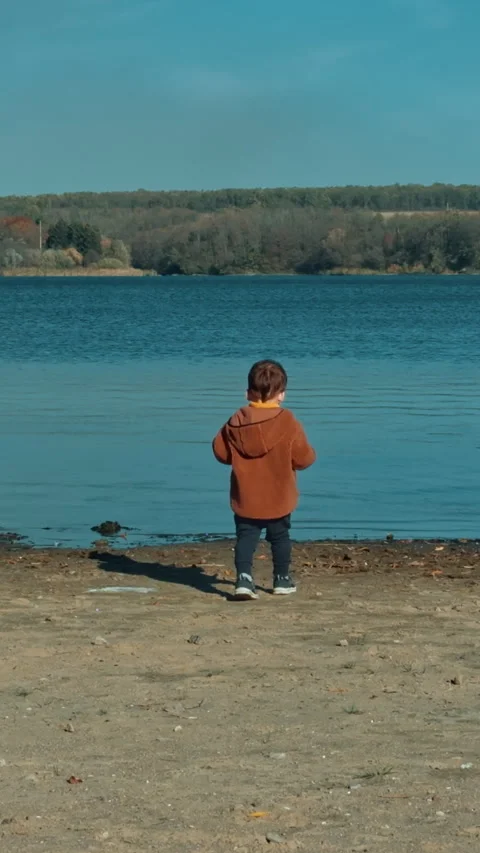 Rear view of a toddler in brown jacket walking to the river Stock Footage 308663570