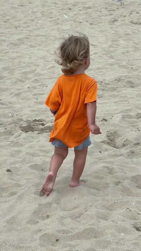 Rear view toddler running across sandy beach Stock Footage 345497103
