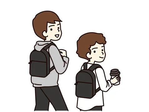 Rear view of two boy students walking with backpacks on their backs. Stock Illustration