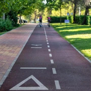Rear view of two cyclists on a marked urban Stock Photos