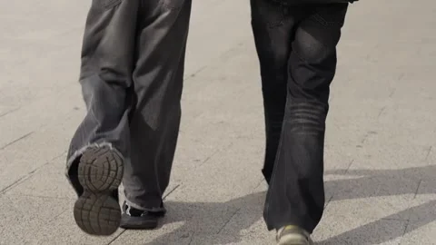 Rear view of two pedestrians walking side by side along an urban sidewalk, mid Stock Footage 327320965