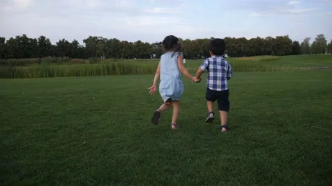 Rear view of two siblings running in summer park Stock Footage 95611612