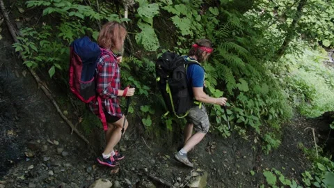 Rear view of two young people walking down trail path on mountain. Young couple Stock Footage 208891197