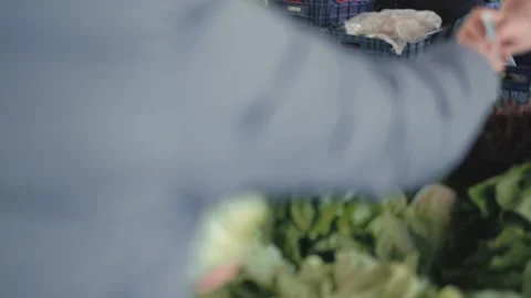 Rear view of unrecognisable buyer giving money to seller for lettuce in the farm Stock Footage 190884053