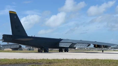 Rear view of U.S. Air Force B-52H Stratofortress aircraft taxiing Stock Footage 264577838