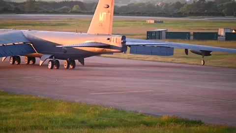 Rear view of U.S. Air Force B-52 Stratofortress aircraft taxiing at RAF Fairford Stock Footage 276415072