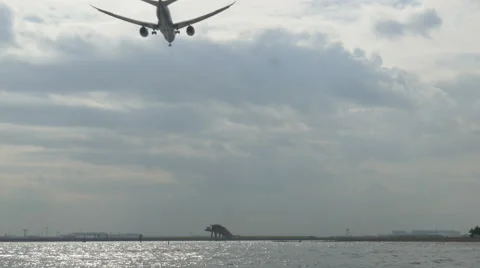 Rear view variation of a modern jet descending to touchdown. Video stock 61767588