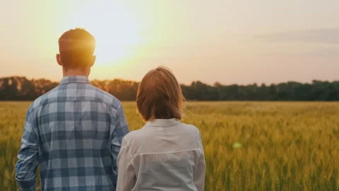 Rear view of young couple looking at sunset over golden wheat field with le.. Vídeo Stock 334792371