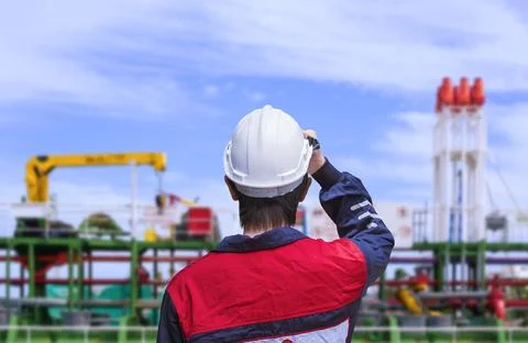 Rear view of young engineer in blue mechanic jumpsuit wearing white safety .. Stock Photos