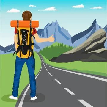 Rear view of young man doing hitchhiking on road in mountains Stock Illustration