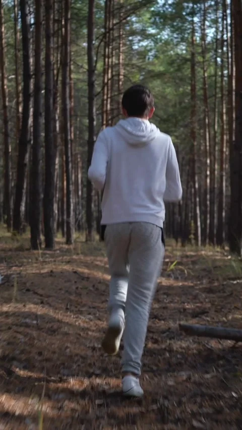 Rear view of a young man in a light hoodie jogging through a tall  Stock-Footage 342140779