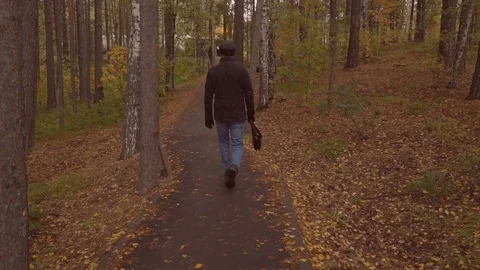 Rear view of young man walking along the autumn park lane. slow motion Stock Footage 82020308