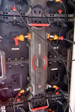 Rear Wiring of Modular LED Panel With Orange Plugs 스톡 사진
