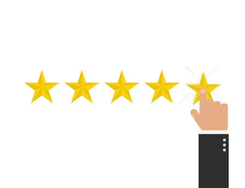 Reating star 5 with hand in flat style, vector Stock Illustration