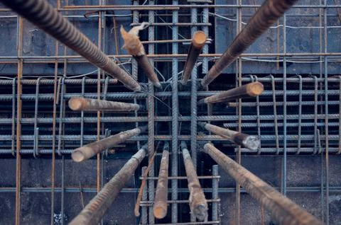 Rebars on the construction site. Building. The use of metal in modern constru Stock Photos