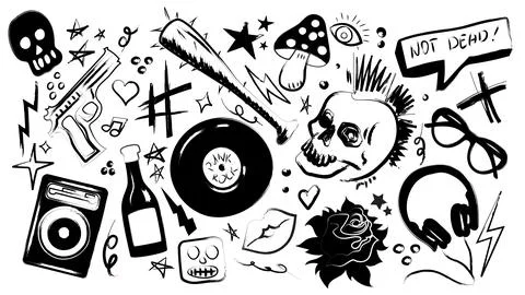 Rebellious punk rock doodle elements 스톡 일러스트
