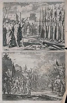 Rebels impaled on wooden blocks with sharp metal spikes. Etching. Stock Illustration