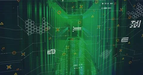 Receding corridor in network with binary code streams, circuit lines, data nodes Illustrazione stock