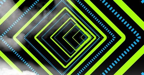 Receding diamond frames forming light tunnel in dark backdrop with lime-glow  Stock Illustration