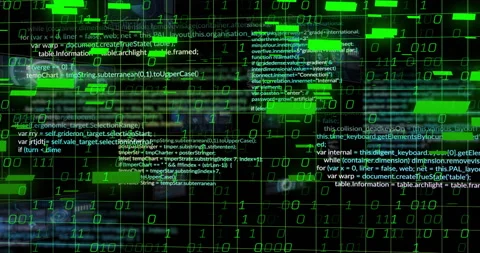 Receding grid launching code emerging pulsing green bars and growing binary Stock Footage 314709877