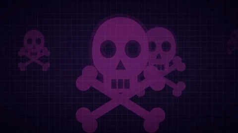 Receding layers of skulls drifting in violet neon depth background loop Stock Footage 343642853