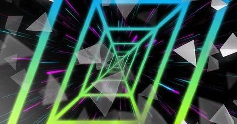 Receding neon frames forming tunnel in dark void, with triangular shards, Ilustração Stock