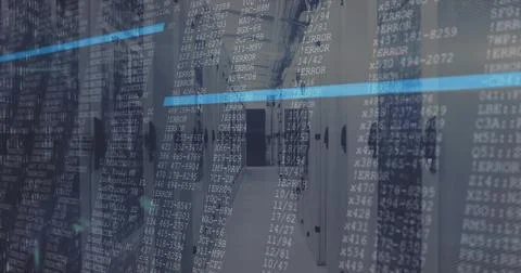 Receding server rack aisle showing cable bundles, blinking LEDs, blue scan line 写真素材