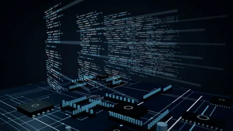 Receding stack of code planes over an ice blue circuit board data bus 3D Stock Footage 340201392