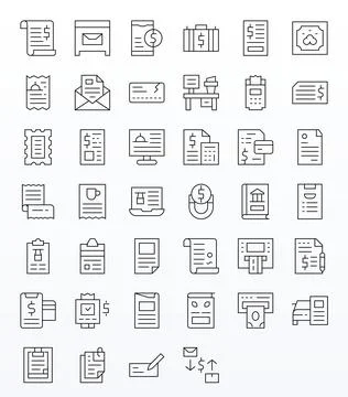 Receipt featuring 40 64x64 Vector Icons in Thin Line Design Stock Illustration