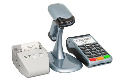 Receipt printer and barcode reader with POS-terminal, 3D rendering Stock Illustration