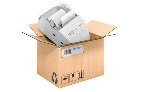 Receipt printer inside cardboard box, delivery concept. 3D rendering Stock Illustration