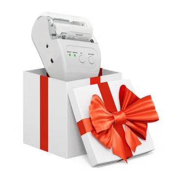 Receipt printer inside gift box, present concept. 3D rendering Stock Illustration