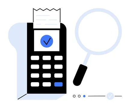 Receipt printer with printed document and magnifying glass highlighting finan Stock Illustration