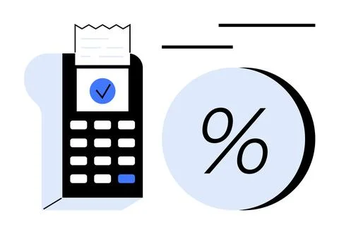 Receipt printer with printed paper and check mark, next to a large percentage Stock Illustration