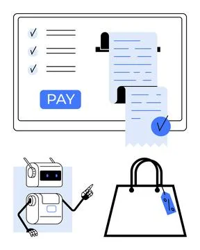 Receipt on a screen with Pay button robot assistant pointing, a shopping bag  Stock Illustration