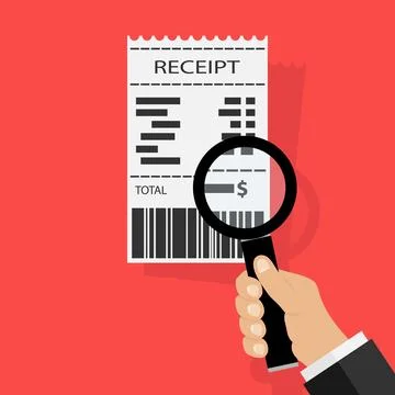 Receipt, white receipt with barcode on red background with shadow. Stock Illustration