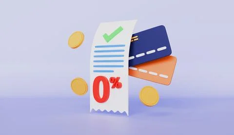 Receipt with zero percent, Check Mark, Credit Card and Coins, Zero Percent Stock Illustration