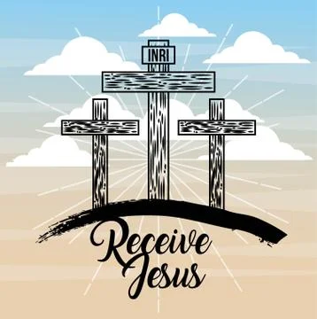 Receive jesus three cross sky light catholicism Stock Illustration