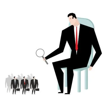 Receiver selection. Boss looks under magnifying glass manager heir. Elected b Stock Illustration