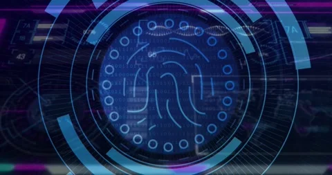 Receiving auth request, circular biometric HUD animating rings, fingerprint 스톡 동영상 329453455