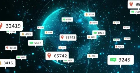 Receiving badges with counters, stylized Earth pulsing in virtual network, Illustrazione stock