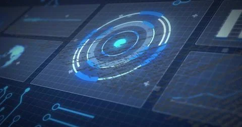 Receiving boot signal, central HUD rotating and scanning on navy grid, revealing Stock Illustration