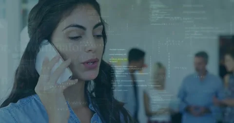 Receiving call woman using smartphone coordinating update while code overlay Stock Footage 327965803
