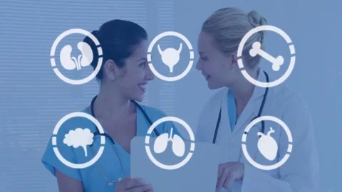Receiving chart, staff talking, holding chart, pointing, organ icons in front, Stock Footage 331046073