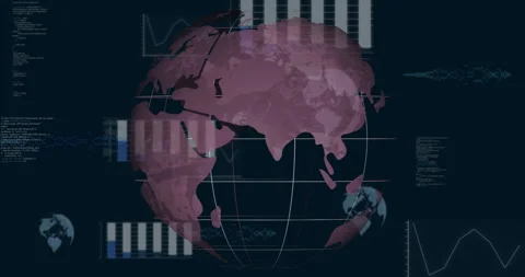 Receiving code input starting magenta 3D globe rotating updating charts and Stock Footage 309894296