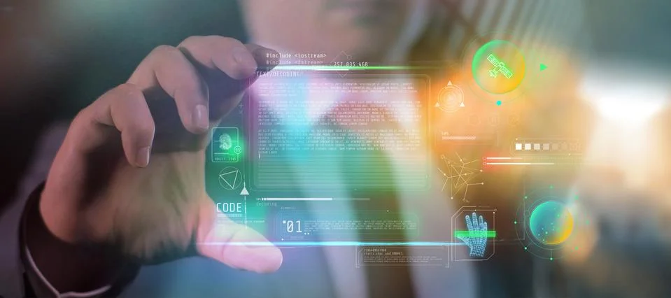 Receiving a coded message on the device of the future. Illustrazione stock