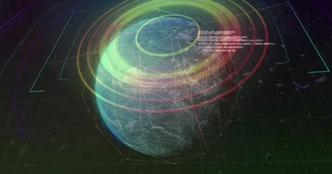 Receiving data, 3D Earth globe displaying spinning neon rings and scrolling code Stock Footage 320089421