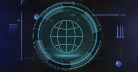 Receiving data, central HUD rotating globe grid and pulsing rings on dashboard, 스톡 일러스트