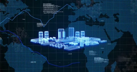 Receiving data feed, blue 3D wireframe board morphing into stacked module in Stock Footage 331126080