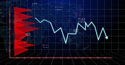 Receiving data feed driving cyan zigzag chart declining across analytics panel, Stock Illustration
